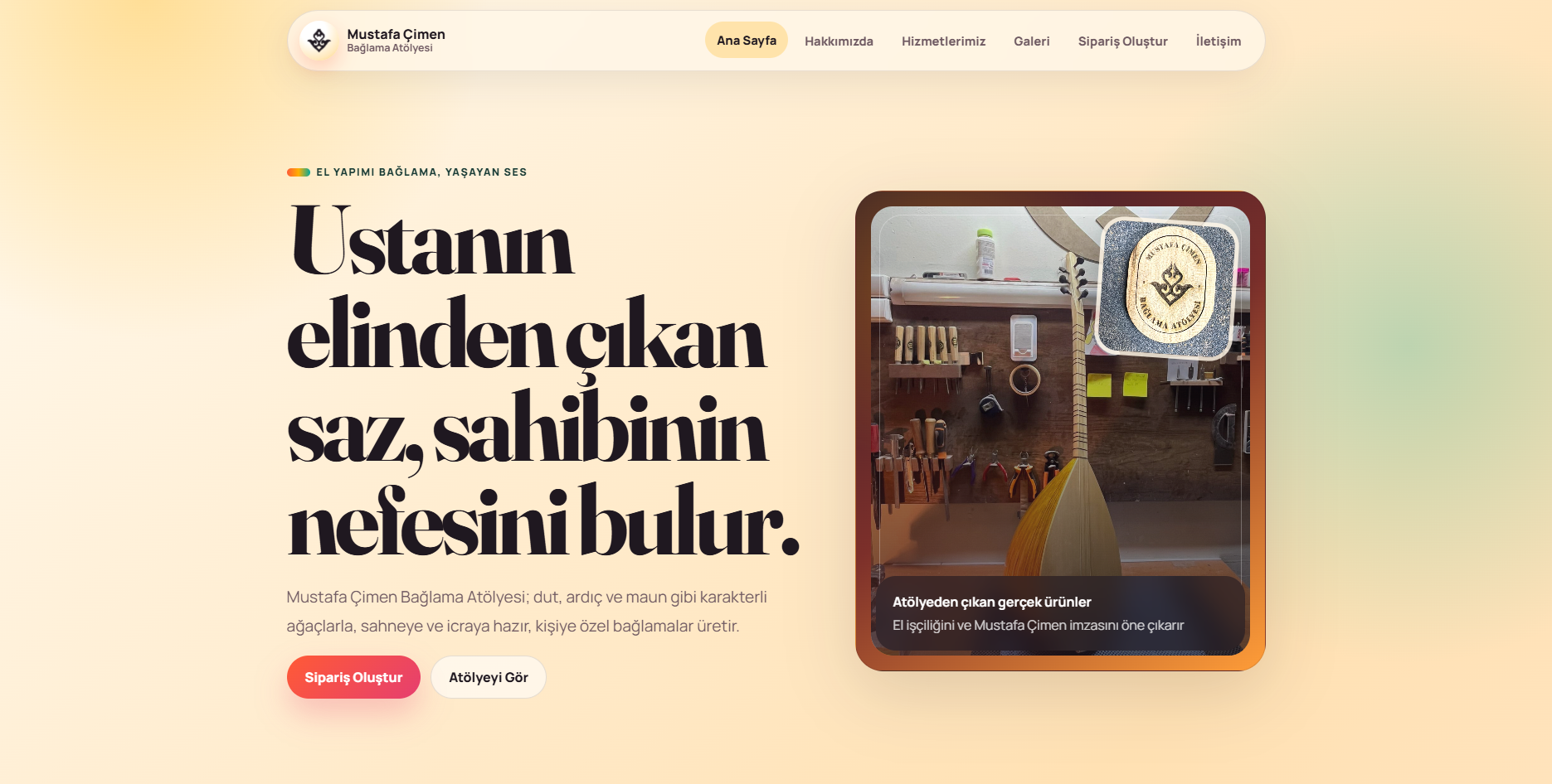 El yapımı bağlama atölyesi sitesi ana sayfa ekran görüntüsü