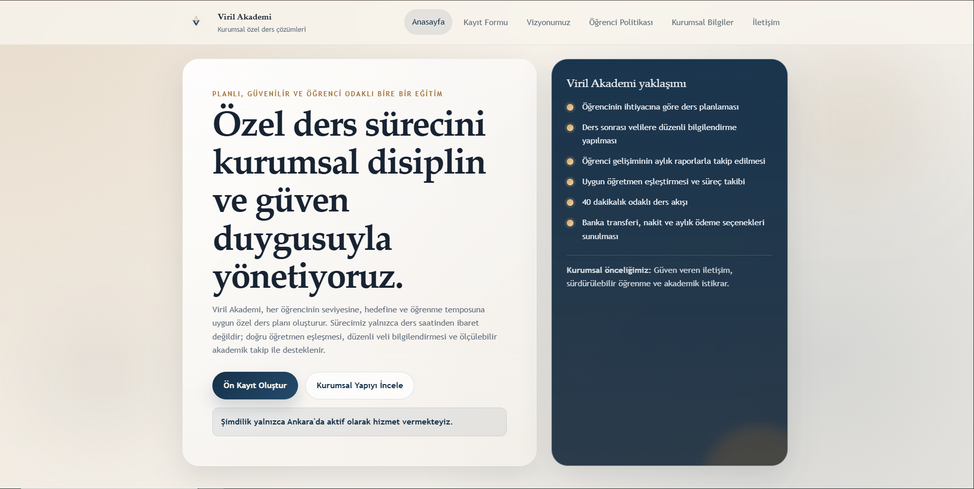 Özel ders ve eğitim sitesi ana sayfa ekran görüntüsü